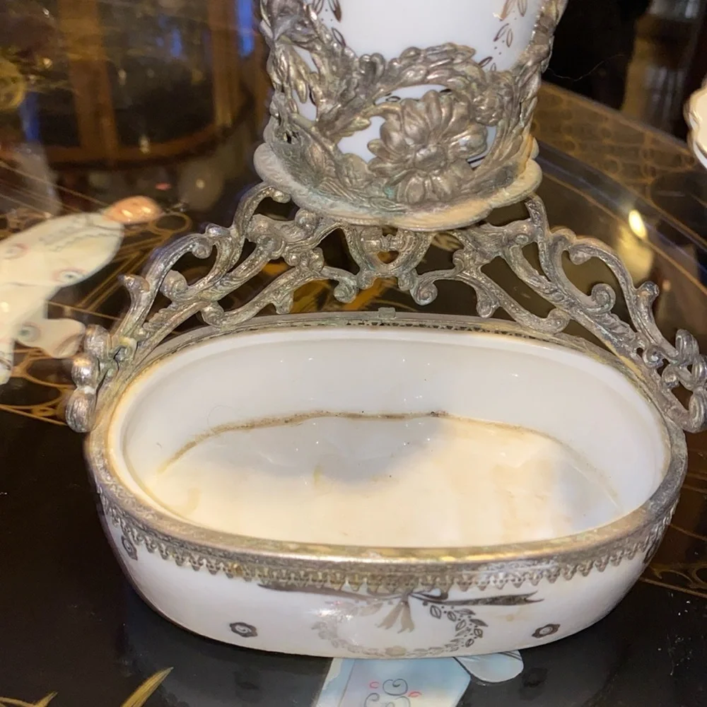 Vintage 3 peace Silver Soap Dish Cup & Holder and plate